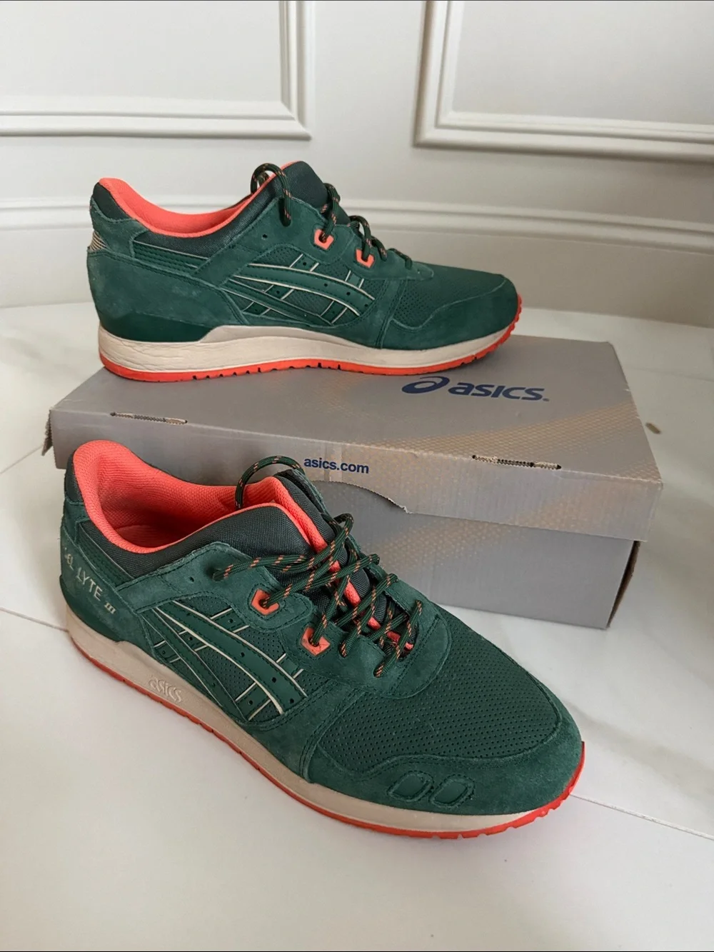 ASICS Men's Green Suede Athletic Sneakers with Coral Accents